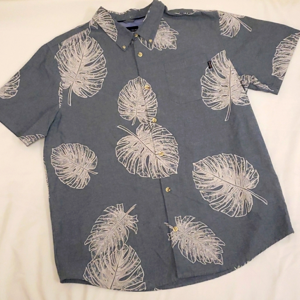 Jack O'Neill Button Down Cotton Shirt Palm Leaf Blue White Men's Extra Large XL